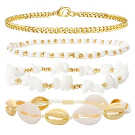 Beach Anklets for Women Boho Beaded Ankle Bracelets Set Adjustable Dainty Gold Anklets Stackable Hawaiian Vacation Beachy Pearl Seashell Starfish Conch Foot Jewelry, 4PCS Stones and Shell