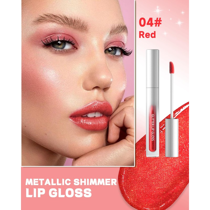 Glitter Lipgloss Rot, Metallic Shimmer Flüssiger Lippenstift 24 Stunden Halt,