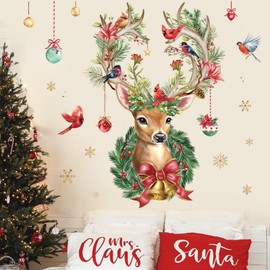wondever Reindeer Christmas Wall Stickers Large Elk Cardinal Bird Christmas Window Wall Art Decals for Christmas Party Window Xmas Home Party