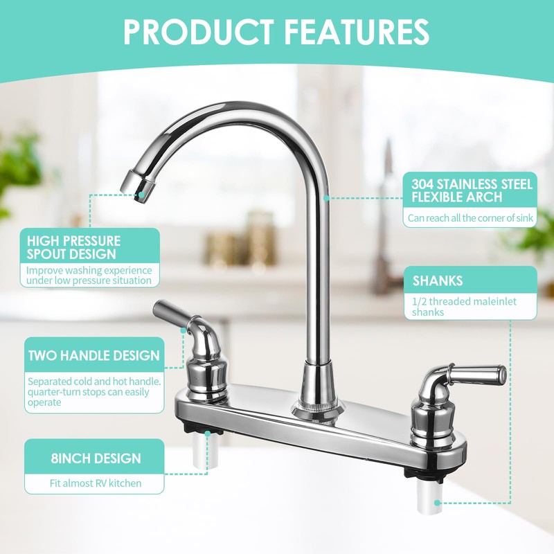 RV Non-Metallic Kitchen Faucet Two Handle-8" Main Body-High Arch-360 Swivel