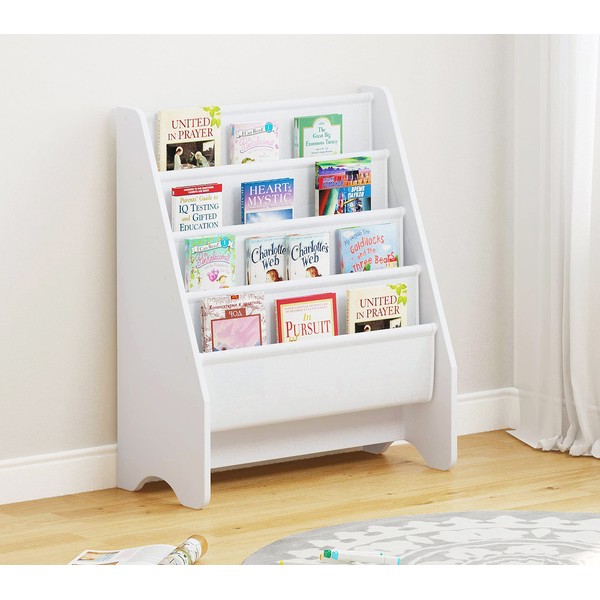 UTEX Kids Sling Bookshelf, Kids Bookshelf with Organizer, Kids Magazine Rack - Book Rack for Kids,Book Organizer (White)