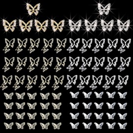 ALGLEA 80PCS Butterfly Nail Charms, 3D Butterfly Charm for Nail Alloy Butterfly Nail Art Charms with Gems and Rhinestones for Nail Design Cute Nail Art Decorations Supplies（Set 3）