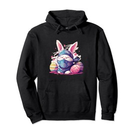 Colorful Easter Eggs Hunt Ninja Cat With Bunny Ears for Kids Pullover Hoodie