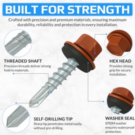 4.8 mm x 35 mm Roofing Screws, Hex Head Self-drilling Color (RAL 8004 Copper Brown) Roof Screws With EPDM Sealed Washer, Rust Proof Zinc Plated Hardened Coarse Threads Screw for Outdoor Use (50 pcs)