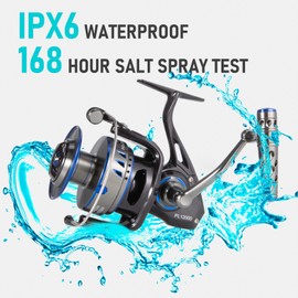 Dr.Fish Poleax Saltwater Spinning Reel, IPX6 Waterproof, Braid Ready Spool, Sealed Carbon Fiber Drag Max 55LB, 168 Hrs Salt Spray Test, 7+1 Stainless Steel Ball Bearings Offshore Surf Fishing 9000