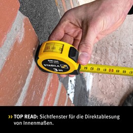 STABILA BM 150 Pocket Tape Measure, 3 m, Metric Scale, Direct Reading, Shatterproof ABS Casing, Movable Initial Hook, Belt Clip, MID Accuracy