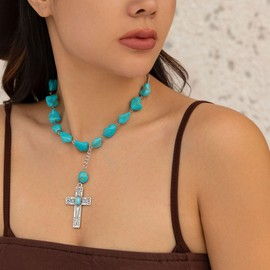 ALRNBY Western Necklaces for Women Layered Leather Choker Dainty Butterfly/Cross Pendant with Turquoise Jewelry for Cowgirl Cowboy Country Concert Outfit (Turquiose Cross)