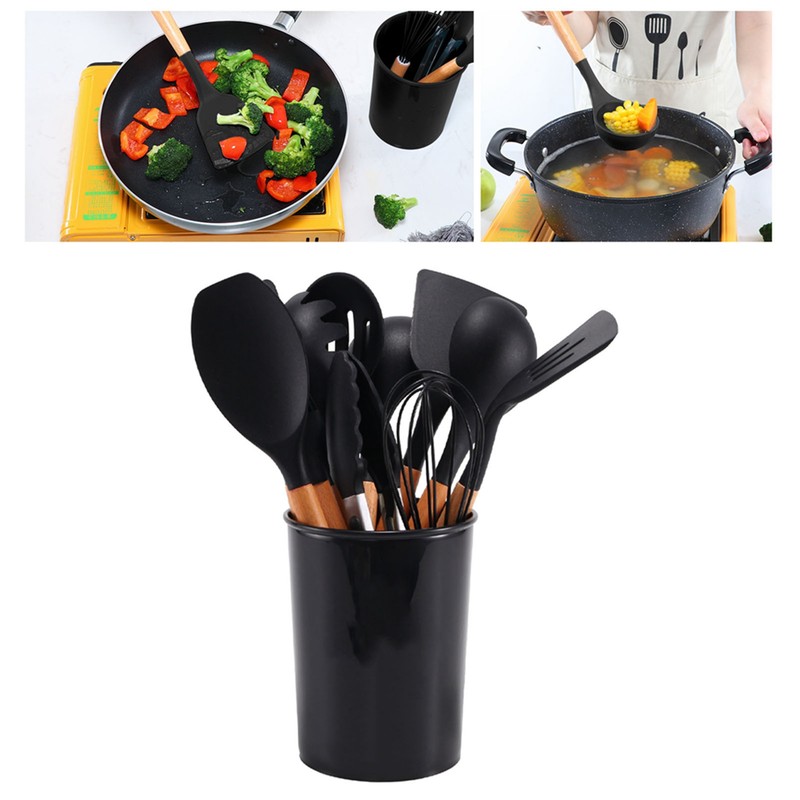 11 Pcs Silicone Kitchenware Set Heat Resistance Wooden Handle Kitchen