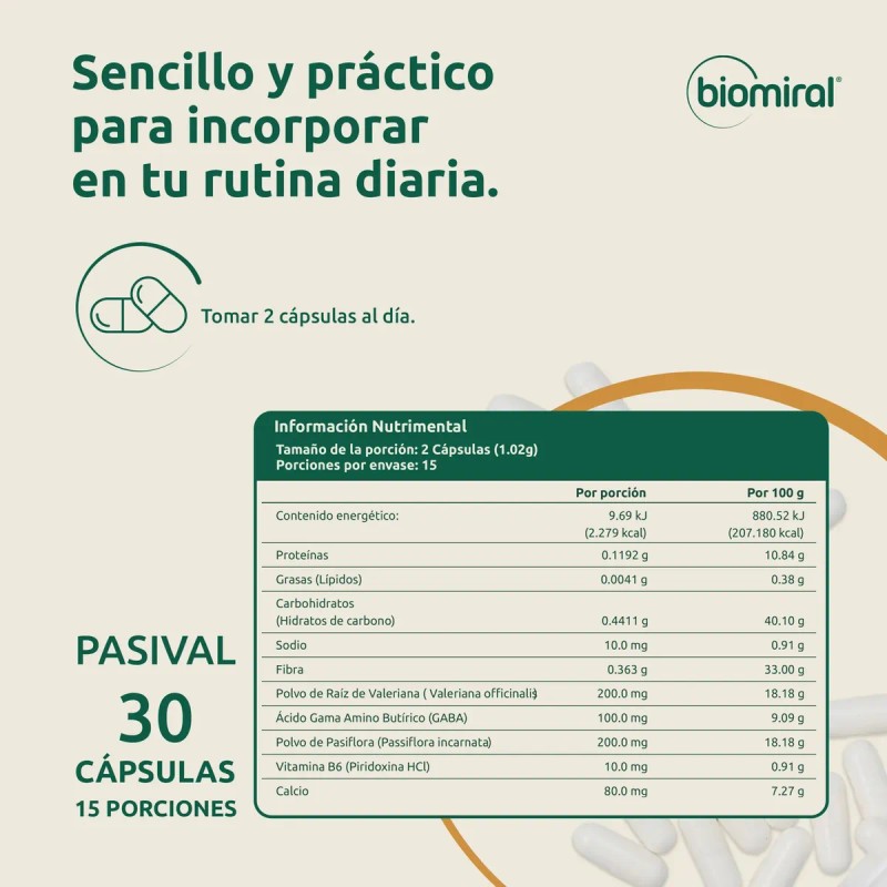 Pasiflora Valeriana Gaba B6 Pasival Biomiral 30 Cáps Pack X2