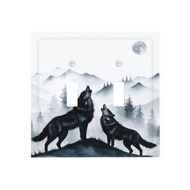 Spshian Decorative Light Switch Cover Plate Black White Ink Forest Wolf Moon Mountain 2 Gang Switch Plate Covers Double Toggle Wall Plates Electrical Faceplate for Bathroom Bedroom Decor