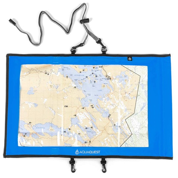 Aqua Quest Trail Map Case - 100% Waterproof Document Dry Bag Holder with Clear Window & Lanyard - Blue