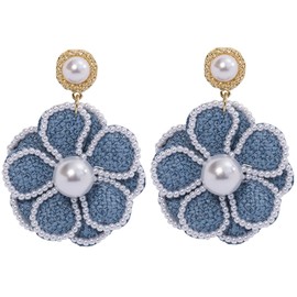 RANLONG Blue Flower Pearl Earrings Dangle for Women Trendy, Fabric Statement Earrings Stud, Hypoallergenic Earrings Gift for Her