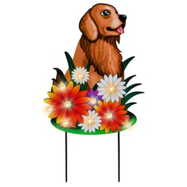 WONDER GARDEN Decorative Garden Stakes - Lighted Dog and Flower Yard Sign Stakes Spring Signs for Outdoor, Porch, Yard,Flower Bed Decor (Battery Operated)