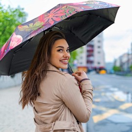 Folding Travel Umbrella - Compact, Light, Automatic, Strong and Portable - Wind Resistant, Small Folding Backpack Umbrella for Rain (Flamingo)