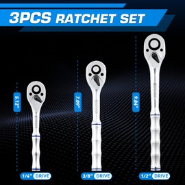 KOOPOOL 3-Piece Ratchet Set, 1/4", 3/8", 1/2" Drive Ratchet Wrench, 72-Tooth Quick Release Ratchets, Reversible Socket Wrench, Chrome Alloy Made