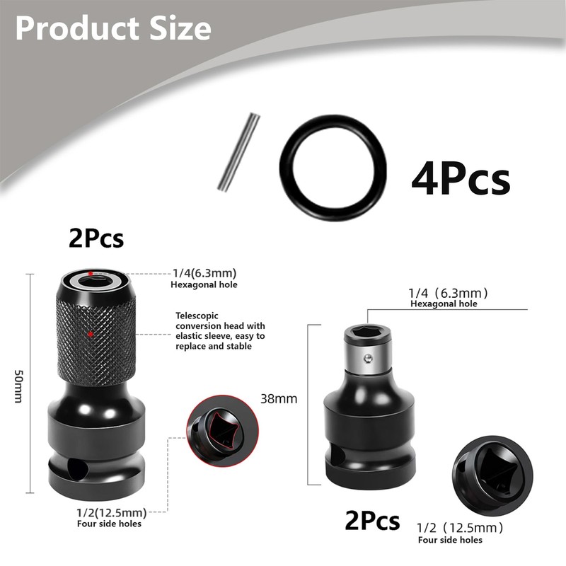 4 x Impact Wrench Bit Adapter, 1/2 to 1/4 Inch