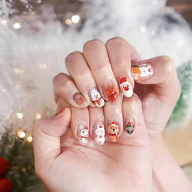 Christmas Oval Press on Nails Short Length, Artificial Glossy Fake Nails with Cartoon Xmas Animals Designs, Kawaii Acrylic False Nails for Winter Holiday, Cute False Fingernails Glue Nails for Women