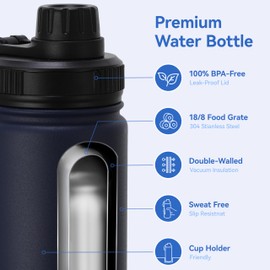 DOMICARE 16 oz Kids Water Bottle for School Stainless Steel Double Wall Vacuum Insulated Water Bottle with Straw lids & Spout Lid, Leakproof BPA Free (Navy,8)