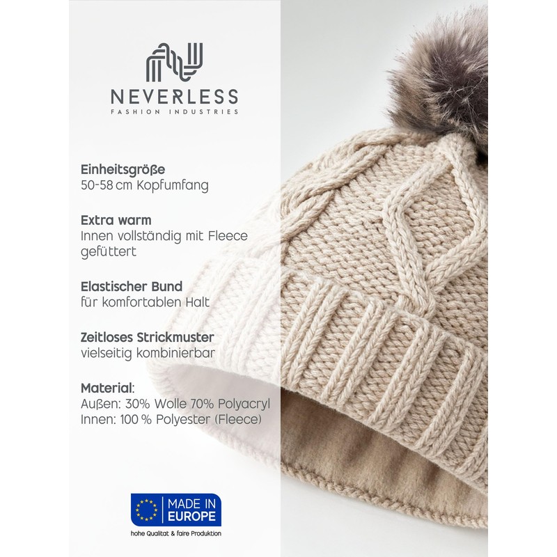Neverless® Women's Bobble Hat with Fleece Lining Bobble Hat Knitted