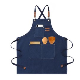 HIUOUIH Men's Kitchen Apron 76 x 68 cm Cooking Apron Men and Women Barbecue Apron with Adjustable Strap and 3 Pockets Work Aprons for Cooking, Baking, Kitchen, Restaurant, darkblue