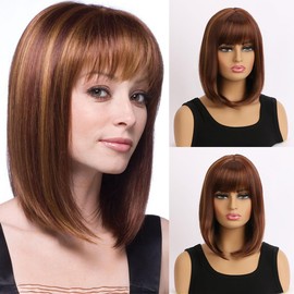 AUBWIG Mixed Brown Bob Wig with Fringe, 15 Inches, Natural Short Straight Wigs for Women, Medium Length Bob Hair, Synthetic Wigs for Daily Use (Mixed Brown #03B)