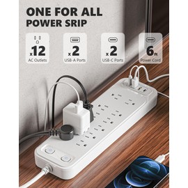 Power Strip with Surge Protection - 12 Outlets (2 Widely Outlets) with 4 USB Ports (2 USB C), 3500 Joules Surge Protector, Flat Plug, 6 Feet Extension Cord (1250W/10A), for Home Office Dorm, White