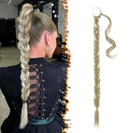 BARSDAR 26 Inch Long Braided Ponytail Extension for Women - Sleek Wrap Around Blonde Braid Ponytail Hair Extensions with Hair Tie - Straight Synthetic Pony Tails Hairpieces - Light Ash Blonde Mixed