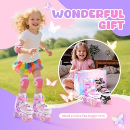 NEMONE 4 Size Adjustable Light up Roller Skates for Girls, Butterfly Roller Skates for Kids Ages 4-6 5-8 6-12 8-12, Todder Beginner Skates Indoor Outdoor Pink Purple M