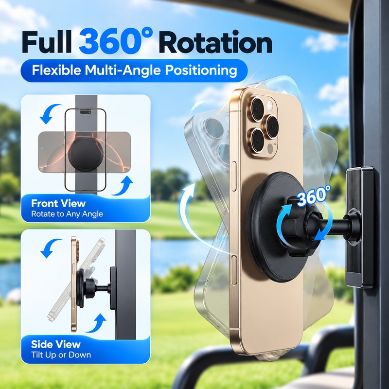 Magnetic Phone Holder for Golf Carts – 360° Rotating Adjustable
