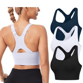HANERDUN Sports Bra Strong Hold Women's Adjustable Straps Yoga Bra with Padded Seamless Without Underwire Wide Straps Racerback for Fitness Running Jogging, 3 Pieces- (Black+White+Navy)