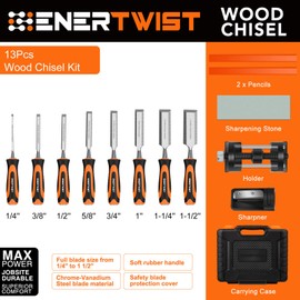 ENERTWIST 13pcs Wood Chisel Set, Premium Woodworking Chisel Sets w/ 8 CRV Construction Wood Chisels, 1 Sharpening Stone, 1 Honing Guide, 2 Carpenter Pencils, 1 Sharpener for Wood Carving in Hard Case