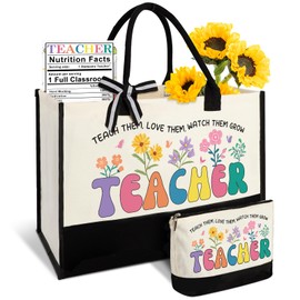 Teacher Appreciation Gifts - Large Canvas Tote Bags with Makeup Bag for Women, Perfect for Teacher's Day or Graduation