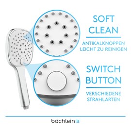 Bächlein Universal Shower Head with 3 Jet Types, Easy to Change with Practical Push Button Square Shower Head Chrome Hand Shower with Standard G 1/2 Inch Connection Dimensions