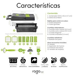 Raganet, Cortador de Verduras 12 en 1, Picador de Verduras con 7 Cuchillas de Acero Inoxidable, Cesta Coladora para Frutas y Verduras, Cortador de Man