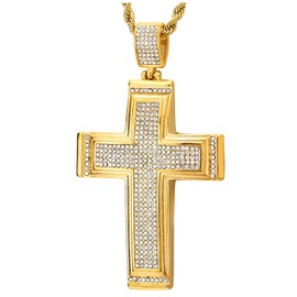 COOLSTEELANDBEYOND Mens Womens Large Gold Color Steel Cross Pendant Necklace with Cubic Zirconia Pave, 30 in Rope Chain