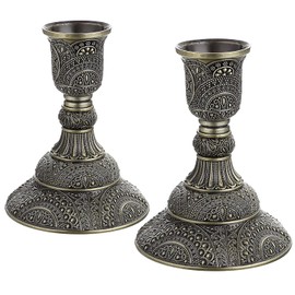 OwnMy - Juego de 2 portavelas cónicos clásico de metal para pilares de 4 pulgadas de alto, elegantes portavelas de latón para candelabros decorativos para mesas de comedor, bodas, bronce antiguo