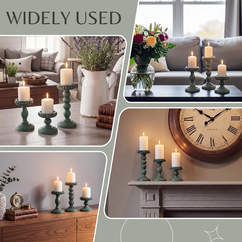 Mumufy 3 Set Wooden Candle Holders for Pillar Candles, Sage