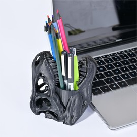 KwatTsz Dinosaur Pen Holder, Dinosaur Skull Figurine Pencil Holder for Office Desk Decor, Funny Easter Gifts for Men Boys Room Decor, Cool Black T-Rex Desktop Organizer