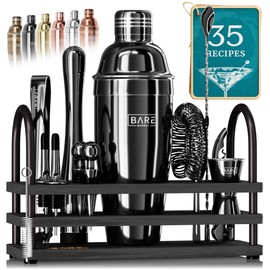 BARE BARREL® Mixology Bartender Kit Bar Set | 14-Piece Cocktail Shaker Set | Martini Barware Mixing Tools for Home Bartending | 35 Recipe Cards | Gift Set (24oz Cobbler Shaker, Jet Black/Black)