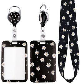 Juanooo Black Daisy ID Lanyard Badge Holder & Retractable Badge Reel Clip White Cute Keychain Lanyard for Women Girls Teachers for ID Badges & Keys Preppy Aesthetic Neck Lanyard for School Student ID