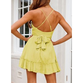 Dokotoo Womens Solid Summer Dresses Scoop Neck Spaghetti Strap Dresses Casual Bowknot Backless Sleeveless Yellow Dresses Elastic Waist Ruched Ruffle Hem A-Line Mini Dress