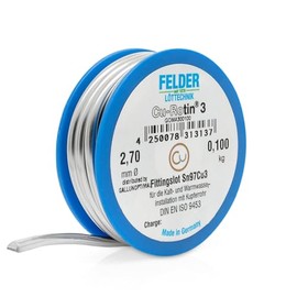 by Felder Fittingslot Cu-Rotin 3, Diameter 2.7 mm, for Soft Soldering Copper Pipes in Drinking Water and Heating Installation, Sn97Cu3, Melting Range 230-250°C, 100 g Spool