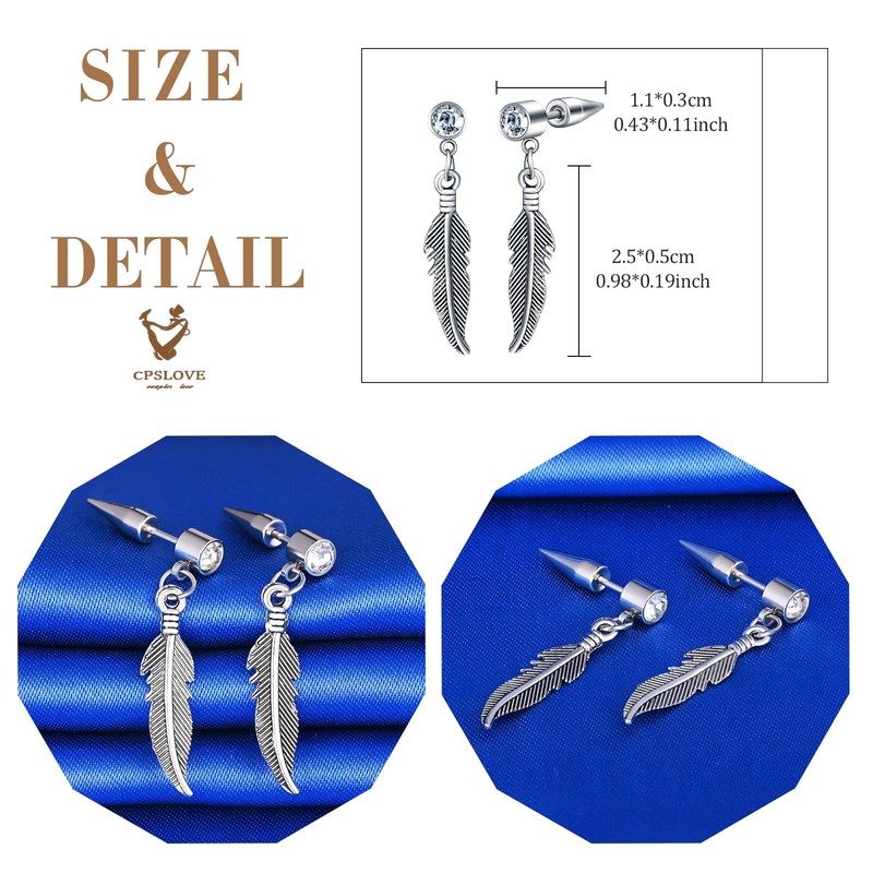 CPSLOVE Mens Feather Stainless Steel Drop Earrings Fashion Feather Piercing