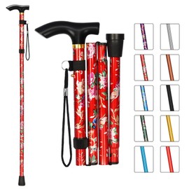 MFE Folding Cane, Portable 5-Level Adjustable Height Walking Stick with Foldable Design, Wrist Strap, and T Handle for Men and Women (Red Floral)