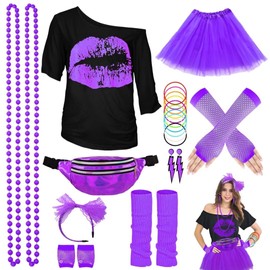 WILDPARTY 80s Outfit Women's Set, T-Shirt, Tutu, Belt Bag, Headband, Earring, Necklace, Mesh Gloves, 103s Clothing Costume, Neon Accessories, Theme Party, Carnival, Women