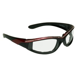 Bikershades Rhinestone Womens Motorcycle Biker Glasses Foam Padded Wrap Blocks Wind Dust Clear Lens Red Frames.