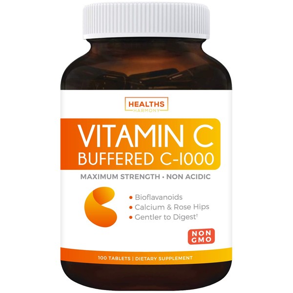 Buffered Vitamin C 1000mg Tablets (Non-GMO) Immune Support Supplement with Vit C, Citrus Bioflavonoids, Calcium Ascorbate and Rose Hips - Immune System Booster - 100 Tablets (No Pills or Gummies)