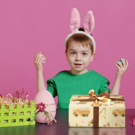 SaringSwoon Construction Easter Wrapping Paper for Boys Girls Kids- Gift Wrap With Trucks, Bulldozer with Bunny Ears，Bunnies, Carrot and Eggs for Holiday, Baby Shower - 28x40 Inches, 4 Folded Sheets