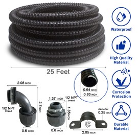 (1/2" Dia * 25 Feet) Yariwiz Black Special Extra Flexible Electrical Conduit Liquid Tight PVC Conduit Kit with 3 PCS Coupling, 3 PCS Elbow and 7 PCS Strap, Sealtight Seal Flex Liquidtight Wire