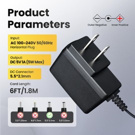 UL Listed 5V 1A 1000mA 6FT Power Supply Adapter, Horizontal Wall Plug, 5W 0.5A 0.8A AC/DC Switching Adapter for Security Camera, Electrical Toys, Router, Digital Frame, TV Box, Raspberry Pi